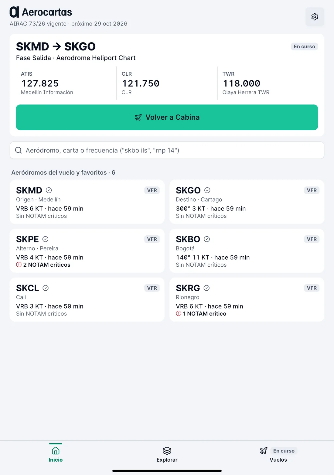 Captura de la app Aerocartas: Offline, con el ciclo a la vista. Toca para ampliar.
